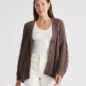 Quince 100% Organic Cotton Oversized Cable Cardigan EUC XS Heather Brown